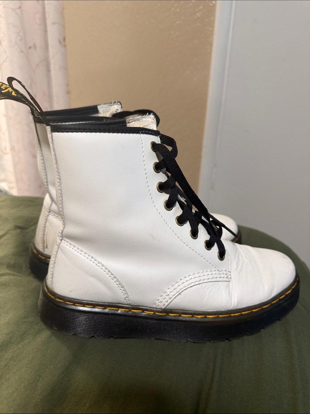 Dr. Martens White Leather Lace-Up Combat Boots with Black Accents